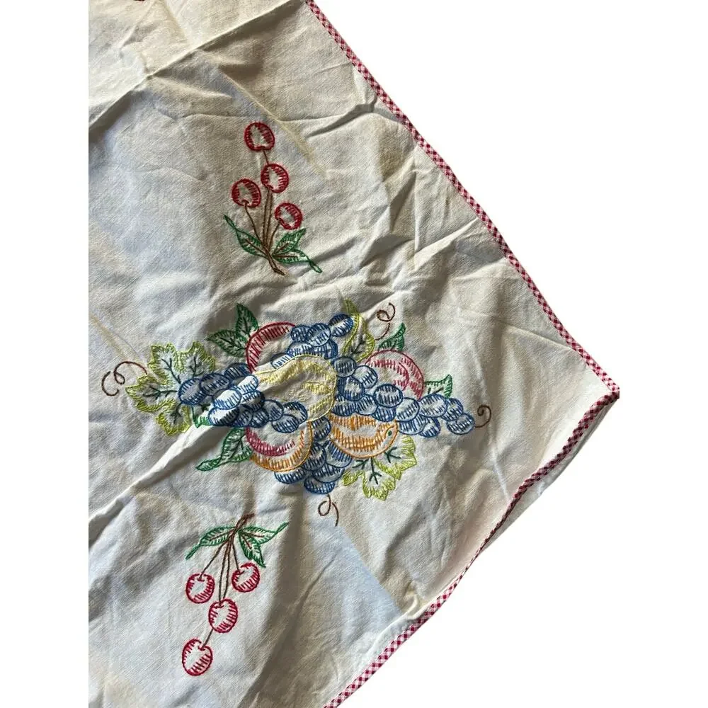 Vintage hand-embroidered square table topper tablecloth fruit design